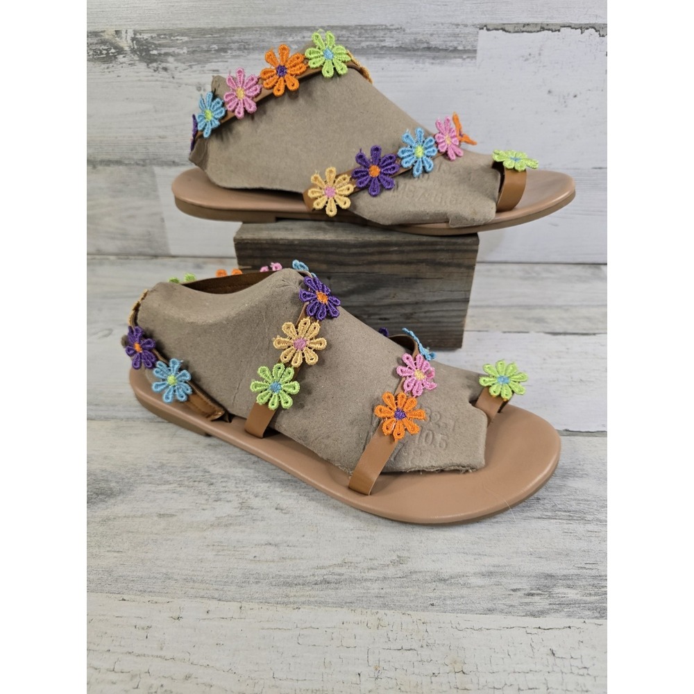 Womens Multi Color Floral Crochet Flat Thong Sandals Tan Boho Slingback Size 41